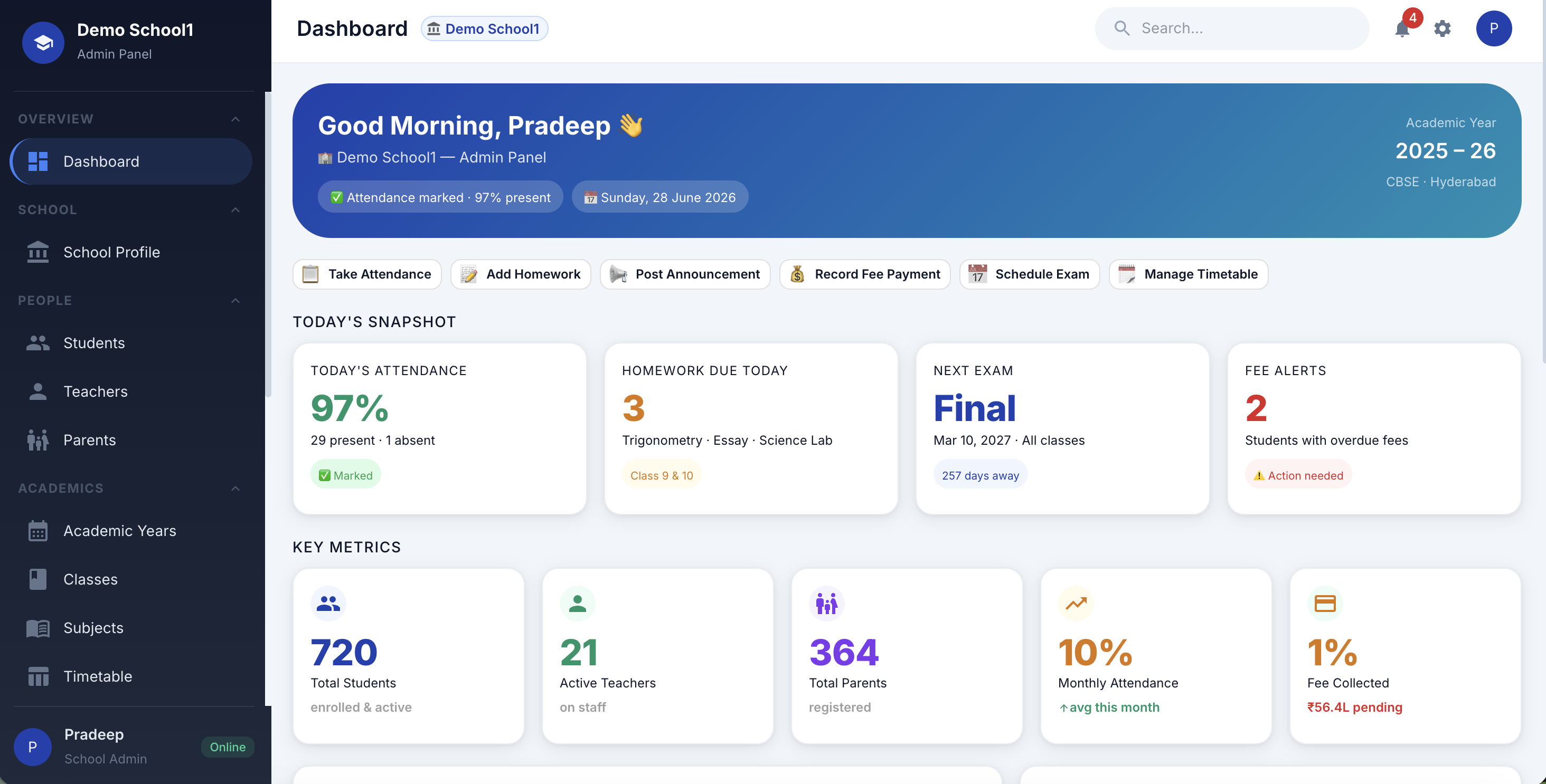 SyncSchool Admin Dashboard — showing attendance, homework, exams, and fee metrics for Demo School1
