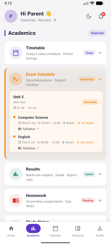 Parent App — Exam Schedule