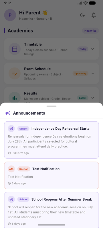 Parent App — Announcements