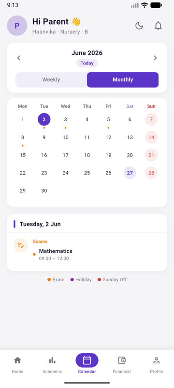 Parent App — Calendar