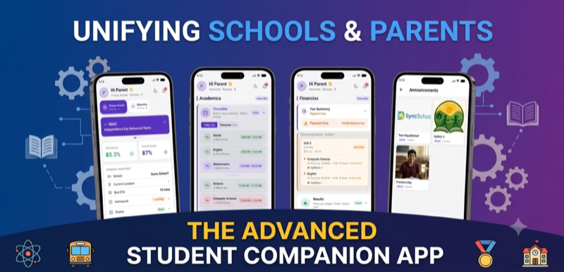 SyncSchool — Unifying Schools & Parents, showing Parent App screens